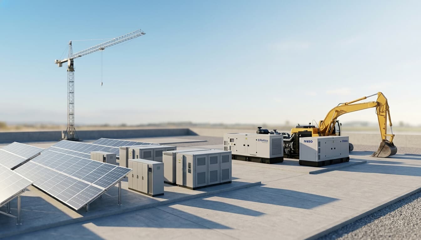 Industrial site with solar panels, generators, and heavy construction equipment